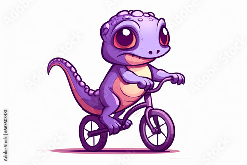 cute cartoon character of a chameleon riding a bicycle