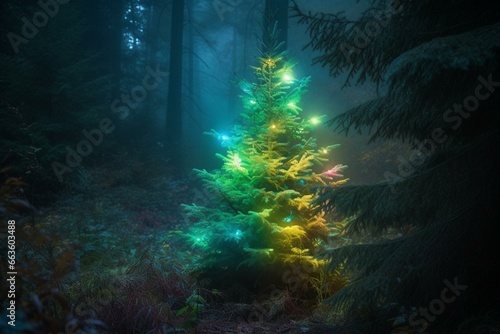 a glowing Christmas tree in the forest. Generative AI