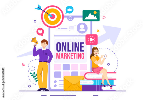 Digital Online Marketing Vector Illustration with Business Analysis, Content Strategy, Ad Targeting and Management in Flat Cartoon Background © denayune