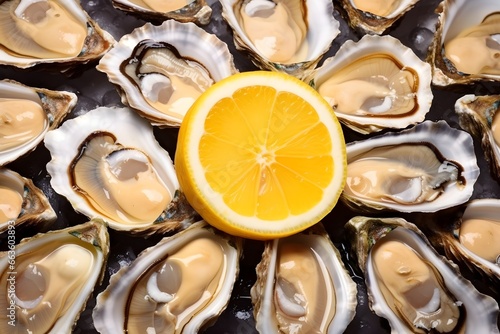 Fresh Oysters on a bed of ice with sliced lemons, Restuarant menu, Professional Food photography