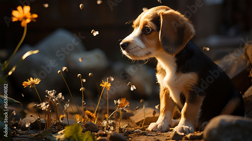 A beagle dog sits on the grass covered with fallen leaves in an autumn park against the background of falling leaves from a tree 