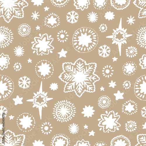 White snowflakes on beige background seamless christmas vector pattern hand draw. Snow festive seamless pattern for textile prints, cards, design