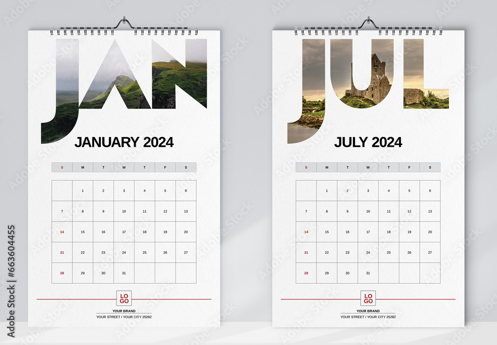 Wall Calendar 2024 Layout Stock Template | Adobe Stock