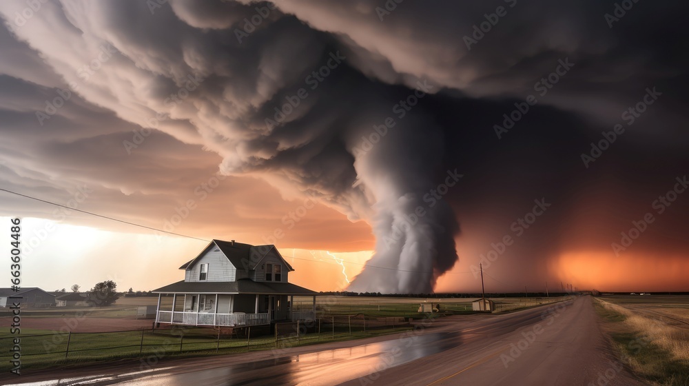 Tornado in stormy landscape, thunder storm, climate change, natural disaster