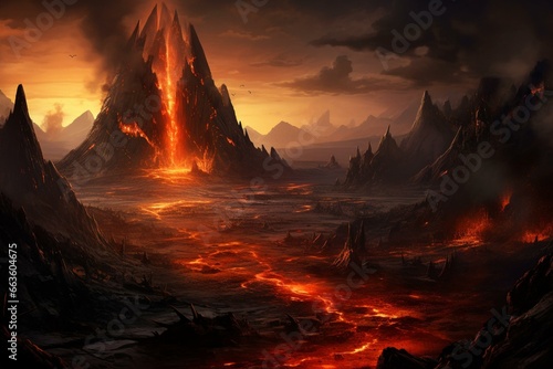 An empty landscape with erupting volcanoes and paths of cooled lava. A catastrophic scene of a disaster. Generative AI