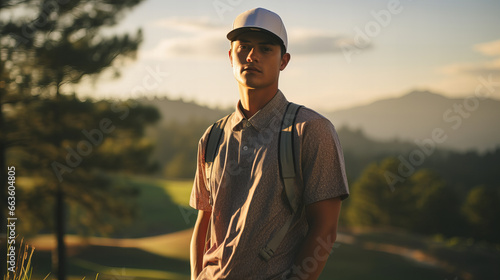 person standing on a hill, person walking in the sunset, man in golf course, young professional male golf player  photo