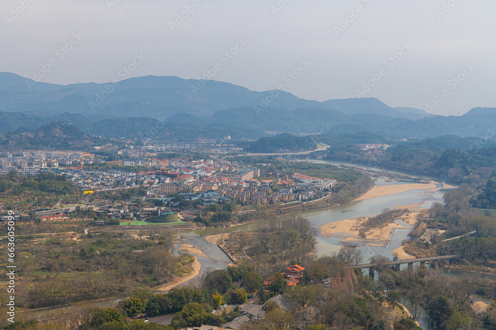 The view on the village by the river from Da Wang Shan Peak in Fujian, China