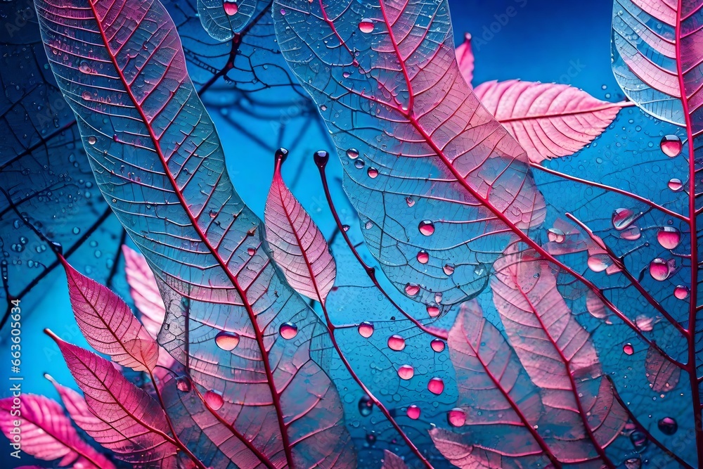 Fototapeta premium Transparent skeleton leaf with beautiful texture on a blue and pink