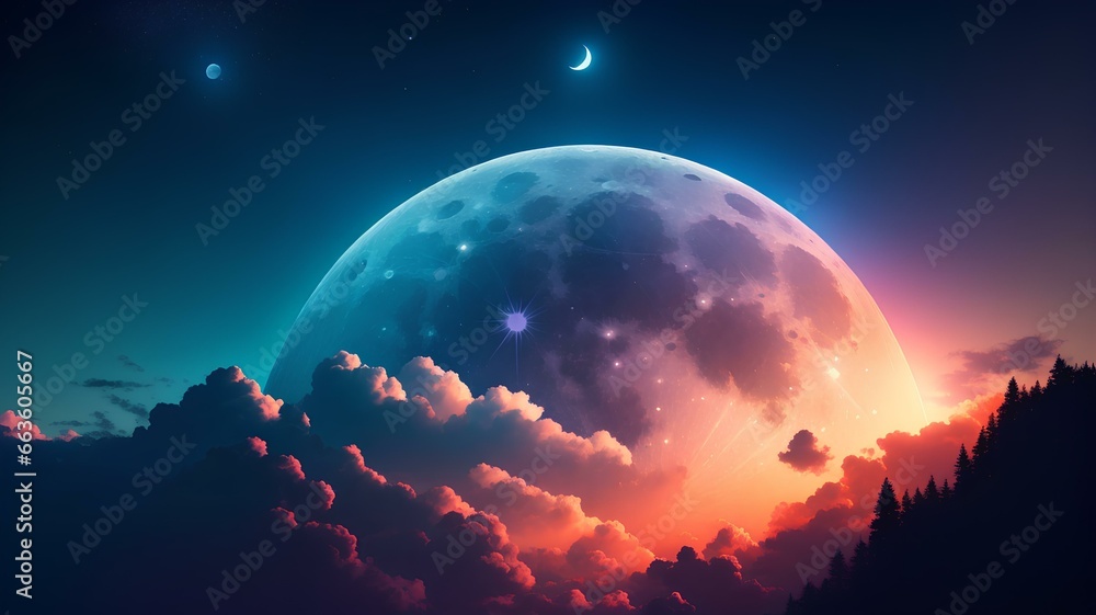 Landscape the moon and clouds background
