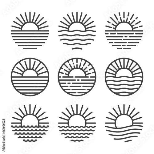 Sun outline icon set isolated white background