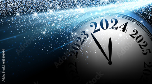 New Year 2024 countdown clock over blue lights with sunbeams on black background.
