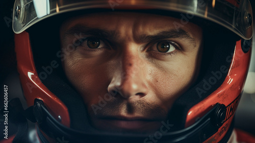 Speedster's View: Close-up of Formula 1 Racer's Helmet, Generative AI © Adolfo Perez Design