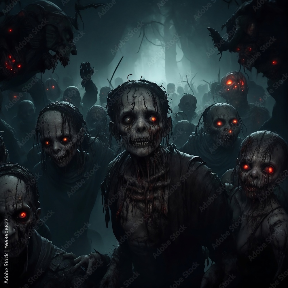 AI art of menacing zombies in spine-chilling darkness. Perfect for Halloween and horror-themed events. AI art of menacing zombies in spine-chilling darkness. Perfect for Halloween and horror-themed events.