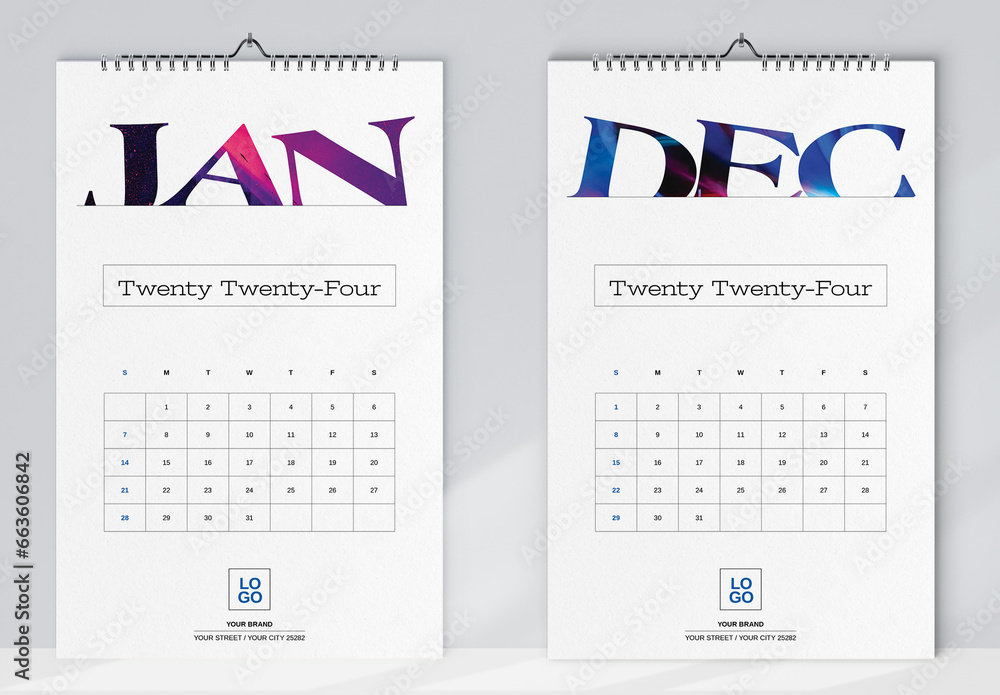 Typography Wall Calendar 2024 Layout Stock Template | Adobe Stock