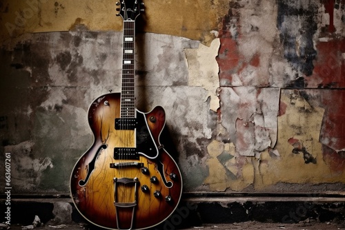 An image featuring a guitar against a grungy backdrop. Generative AI