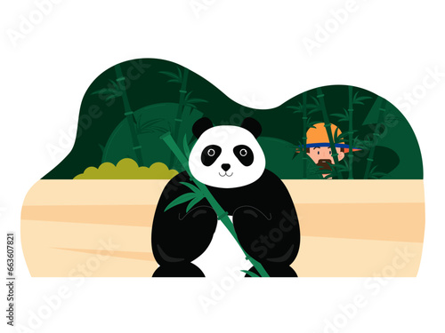 Hunters are stalking pandas. Hunter vector illustration.