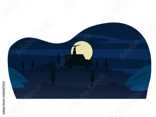 Hunters hunt at night. Hunter vector illustration.