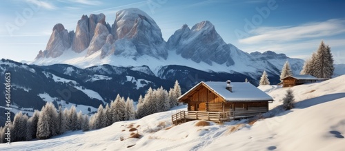 Beautiful winter panorama of Dolomites mountains photo