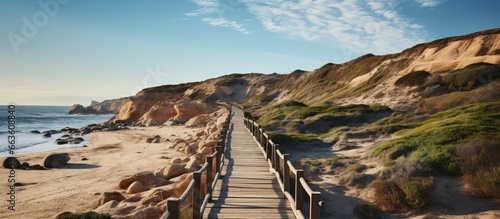 Wooden walkway leading to the beach in Algarve, Portugal photo