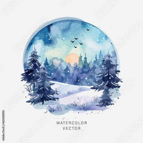 
Postcard with a winter landscape. Vector image in watercolor style.
Winter forest. Illustration for printing.