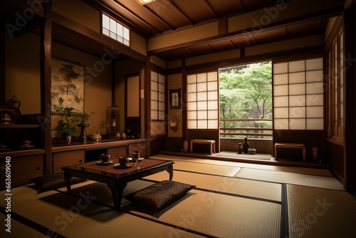 Interior of a Japanese tea room featuring tatami mats. Generative AI