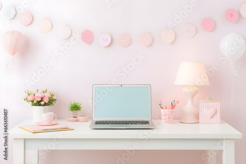 This modern workspace's blush pink, Feminine workspace, laptop, pastel pink background.