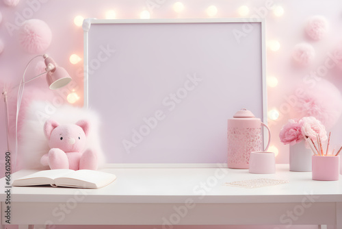 Pastel room with desk for space work  Feminine workspace  Mockup poster on the wall in pink interior  teddy cat  laptop  Cute interior of a children s room. Flowers  pastel pink.