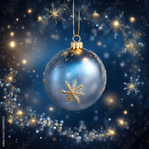 Dark Christmas Wallpaper. Festive Christmas Scene, Close up Baubles with golden wreath on the dark blue bokeh background. Holidays elegance, beauty and calm. 2024 New Year