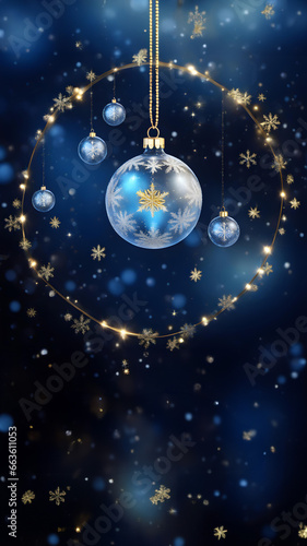 Dark Christmas Wallpaper. Festive Christmas Scene  Close up Baubles with golden wreath on the dark blue bokeh background. Holidays elegance  beauty and calm. 2024 New Year