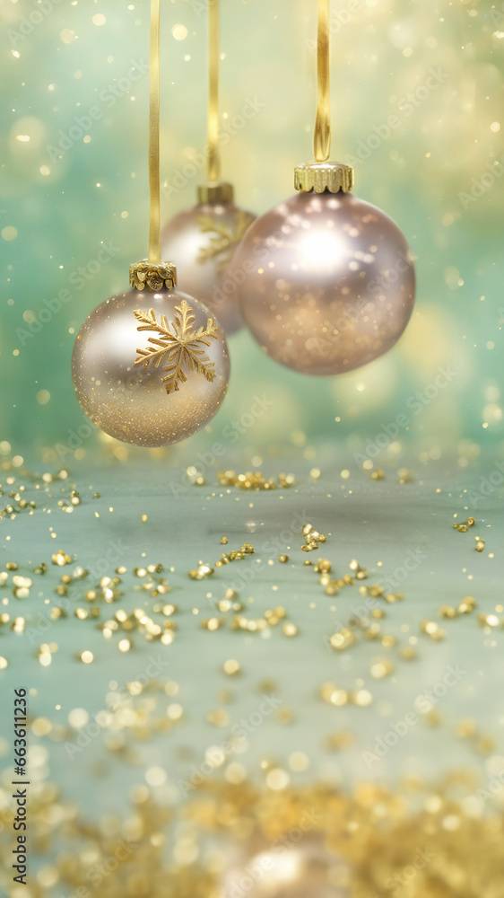 Fototapeta premium Gorgeous Xmas card. Closeup of Stunning Christmas Baubles, Elegant Rose Gold and Golden flake. Holiday Wallpaper Ornaments. Happy New 2024. Luxurious New Year 24, Pastel Banner with copy space