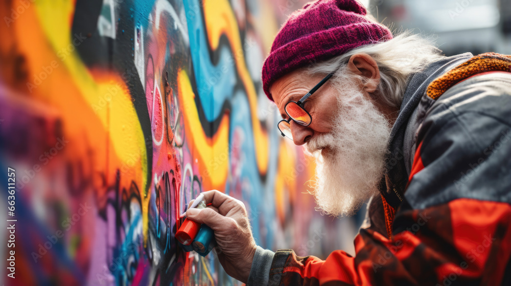 Fototapeta premium A grandpa painting graffiti with street art expertise