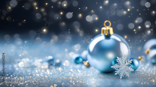 Stunning Merry Xmas   Beautiful Happy New Year 2024 Wallpaper. Festive Blue Christmas Baubles Banner. Seasonal Macro Photo with golden flakes bokeh Background and copy space 