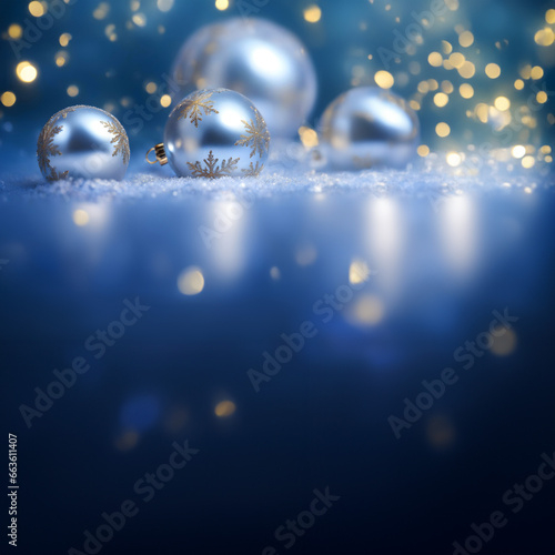 Very Merry Indigo Blue Xmas & Happy New Year 2024 Wallpaper. Elegant Christmas Baubles Banner. Seasonal Macro Photo with golden flakes bokeh Background and copy space 