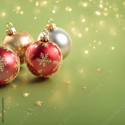 Christmas IG backdrop. Beautiful baubles with shiny golden ball  xmas ornaments and lights  green background. Christmas holidays background. copy space. Decoration for christmas tree. Festive 