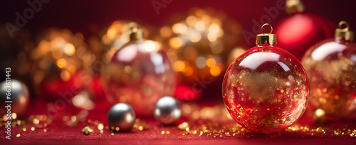Massive Christmas Baubles Closeup  elegant red glass  gold flakes  bauble. Red bokeh copy space. Merry Christmas and a Happy New Year 2024. Xmas 24. Festive XL Wallpaper