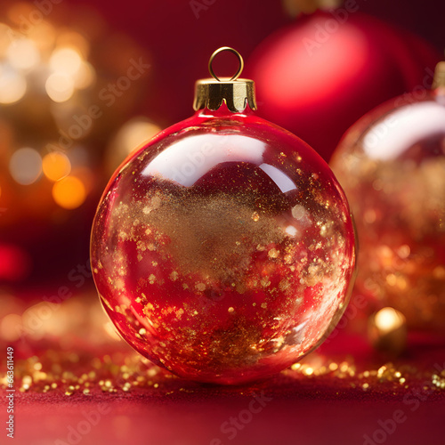 Closeup Christmas Bauble, Massive elegant bauble red glass, gold flakes. Red bokeh copy space. Merry Christmas and a Happy New Year 2024. Xmas 24. Festive IG Wallpaper