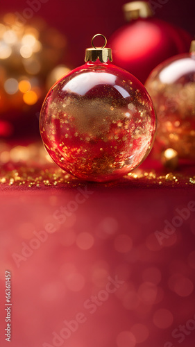 Closeup Christmas Bauble, Massive elegant bauble red glass, gold flakes. Red bokeh copy space. Merry Christmas and a Happy New Year 2026. Xmas 26. Festive Mobile Wallpaper
