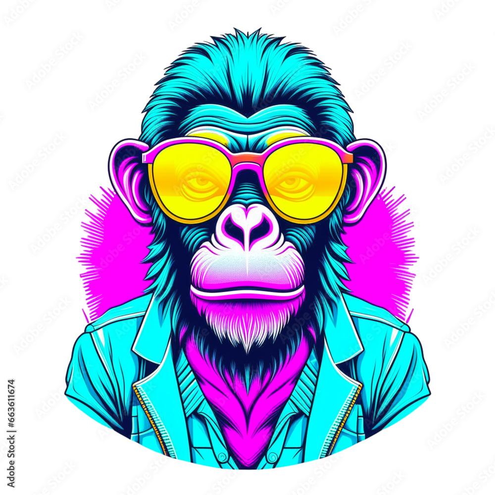 A vice monkey wearing sunglasses, vivid colors, created with Generative AI technology