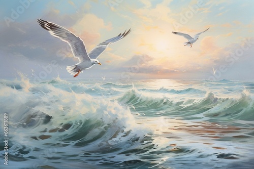 Artwork depicting seagulls soaring above ocean waves. Generative AI © Khaled