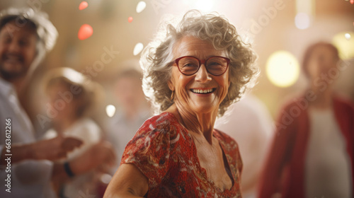 A senior lady jitterbugging at a lively dance event photo