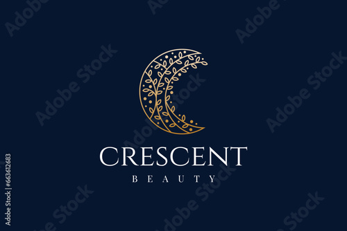 luxury crescent moon floral leaf flower logo design