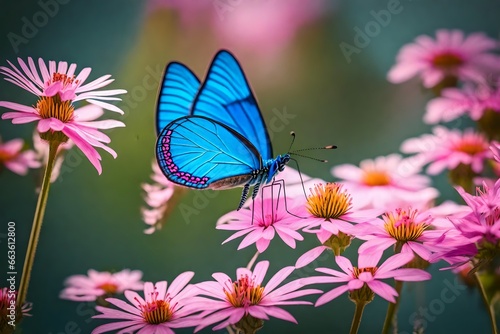 Beautiful blue butterfly on a pink flower in nature, close-up macro © Mahreen