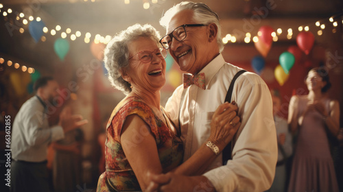 A senior couple swing dancing at a retro-themed party photo