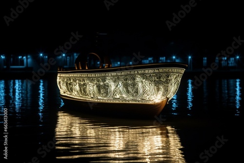 A luminous vessel glows majestically amidst dark waters. Generative AI