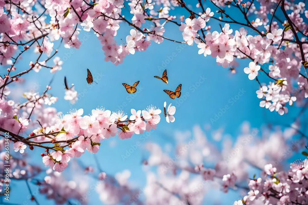 Frame of branches of blossoming cherry fluttering butterflies in spring Frame of branches of blossoming cherry fluttering butterflies in spring
