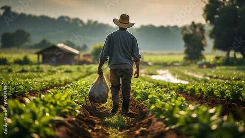 Farmer walking in the field carrying sacks.