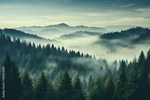 Mystical Mist, Retro Hipster Fir Forest in Smokey Slopes