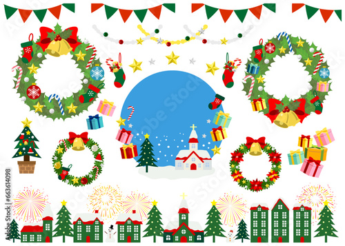 クリスマス、セット、クリスマスリース、街並み、かわいい、フレーム、イラスト、クリスマスツリー