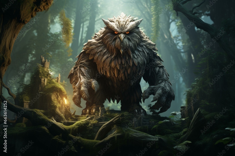 Mythical owlbear in enchanting forest. Generative AI