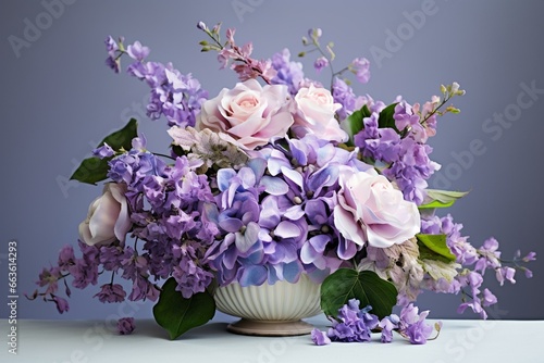 Wedding flowers arrangement with lilac hydrangea and leaves. Generative AI